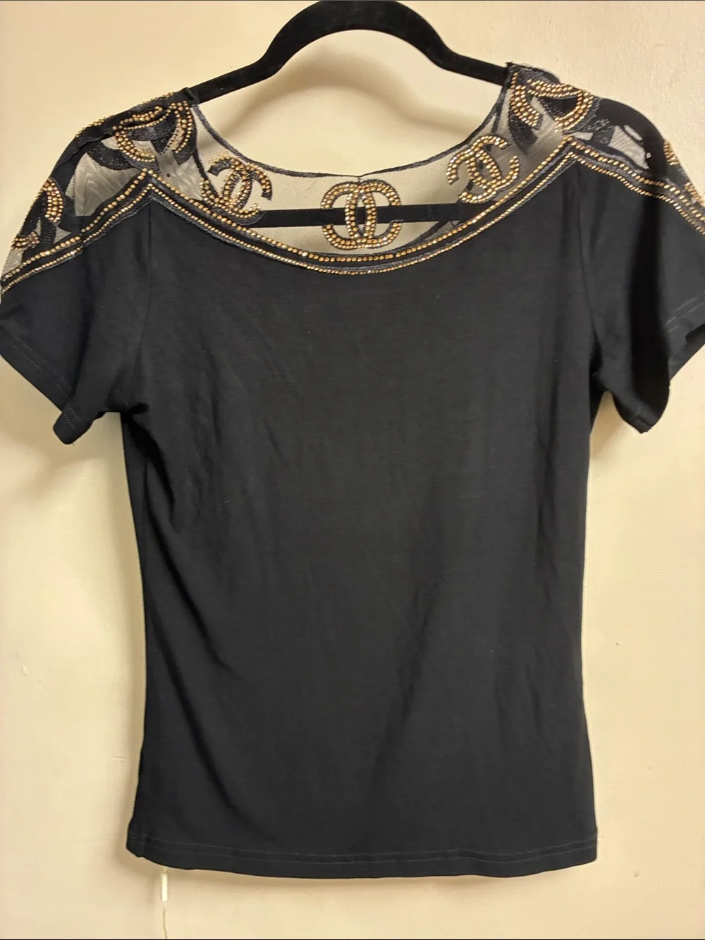 CHANEL Black Short Sleeve Logo Tee with Gold Stud Detailing
